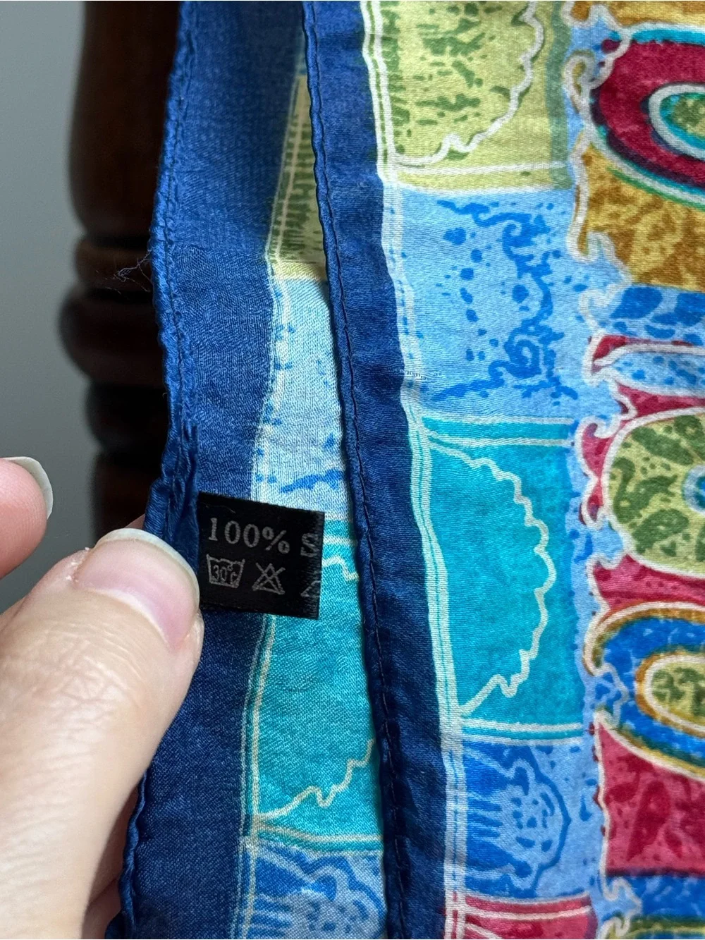 Vintage 100% Silk Abstract Mosaic Scarf Blue Multicolor 32”